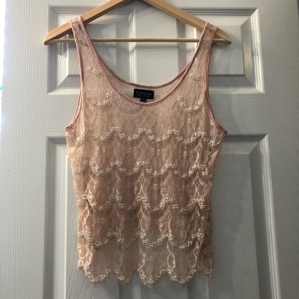 TOPSHOP Light Pink Lace Top With Pearl Details
